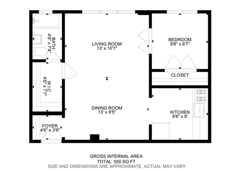 A floor plan of a house with a living room, dining room, kitchen, bedroom and closet.